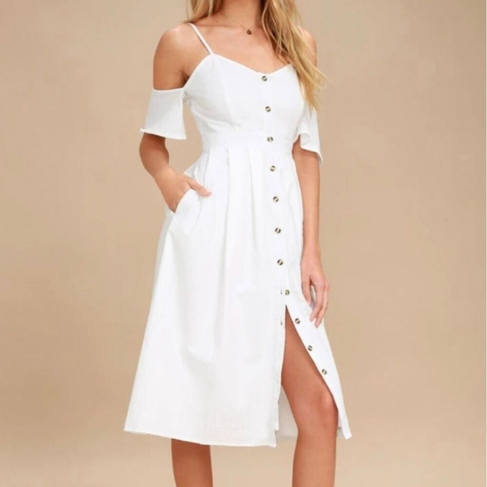 NWT Lulus White Cold Shoulder Button Down Dress - Size M